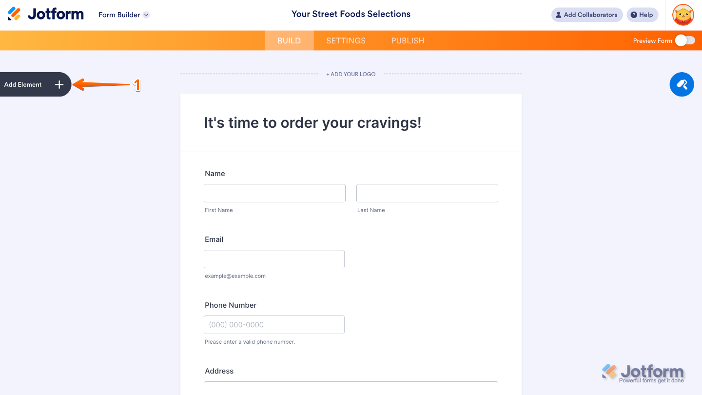 Form Builder interface showing the Add Element menu highlighted on the left side of the page, where users can click to add fields and widgets to their form