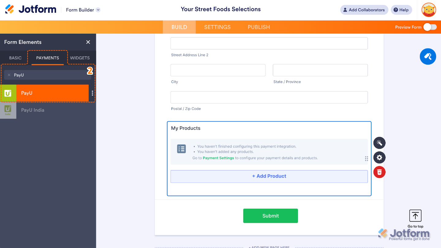 Form Elements menu open under the Payments tab, with PayU highlighted