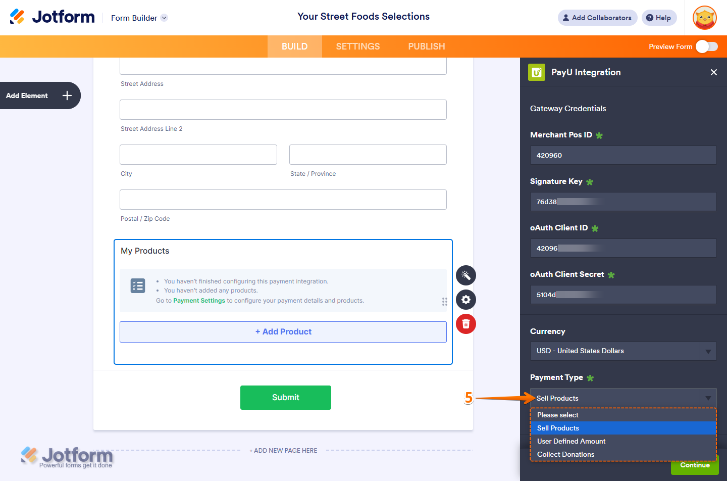 Payment Type dropdown menu in PayU integration with options to sell products, collect donations, or let users enter a custom payment amount in form