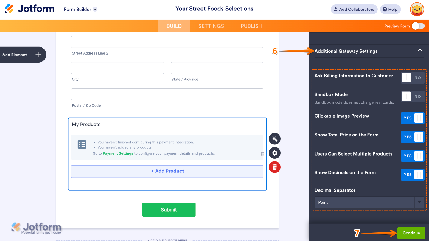 Additional Gateway Settings panel in PayU integration with options to ask for billing info, enable sandbox mode, show total price, allow multiple product selection, and set decimal separator in payment form