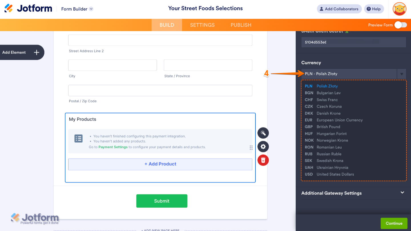 Currency dropdown menu in PayU integration displaying supported currencies like PLN, EUR, GBP, and more for form payment form setup