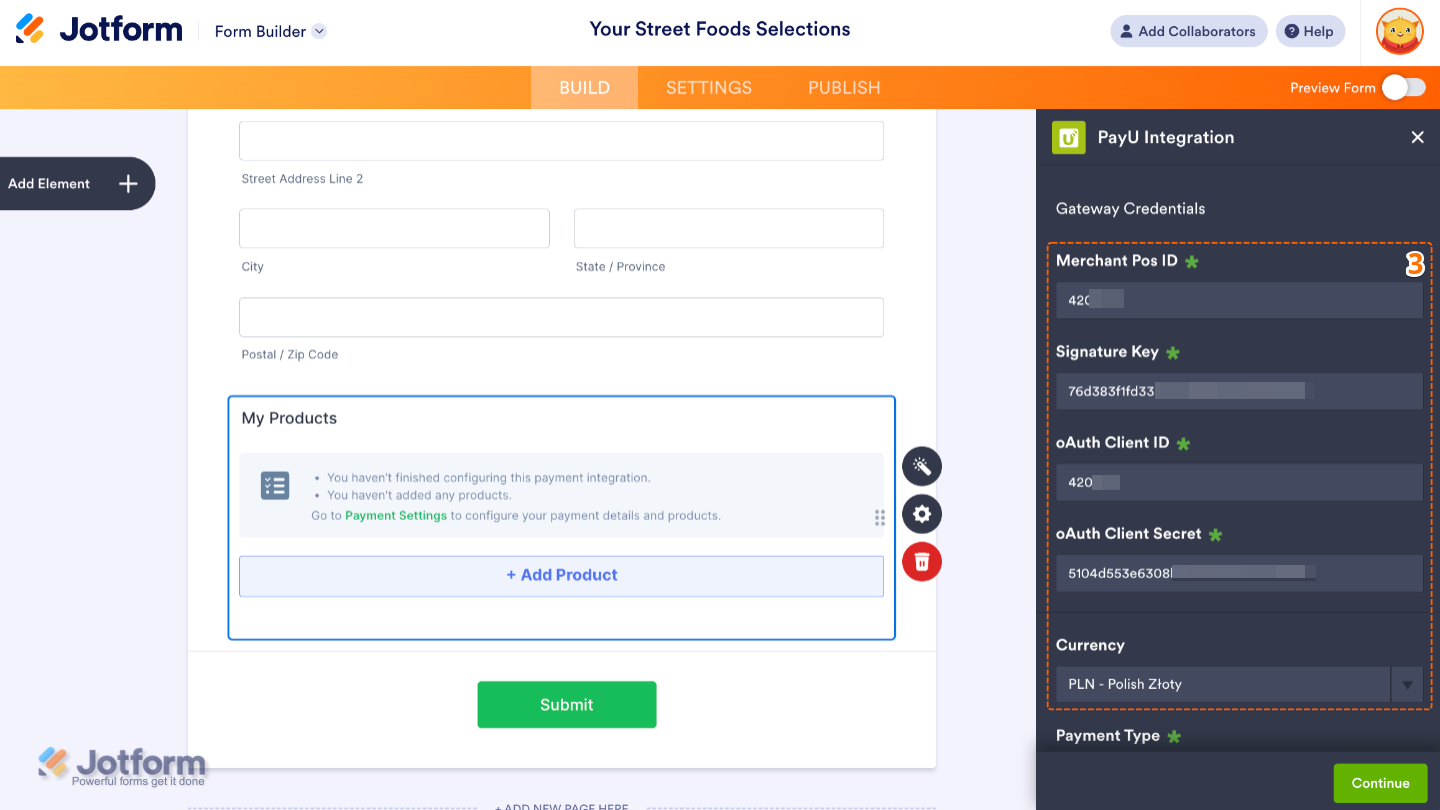 PayU Integration window showing fields for Merchant POS ID, OAuth Client ID, and OAuth Client Secret in Gateway Credentials section for form payment setup
