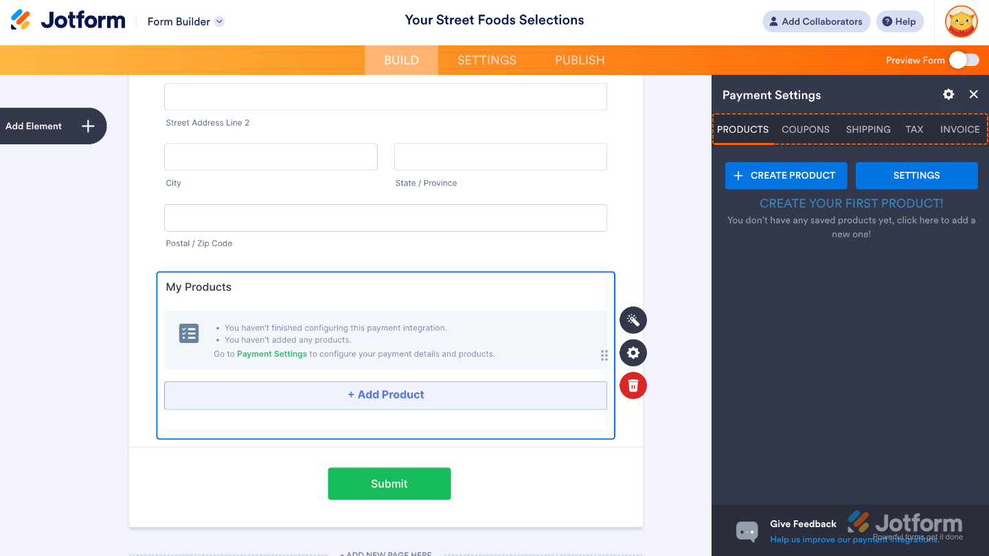 Payment Settings menu in form showing options to add products, create coupons, configure shipping and tax rules, and enable automatic invoices for PayU integration