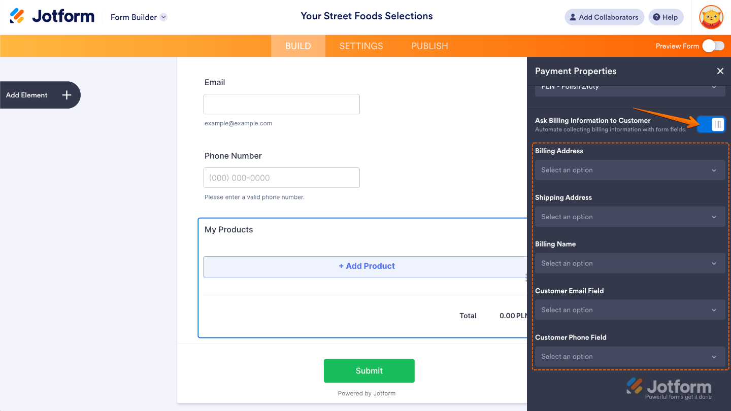 Additional Gateway Settings in PayU integration with Ask Billing Information to Customer enabled, showing fields for billing address, shipping address, name, email, and phone number