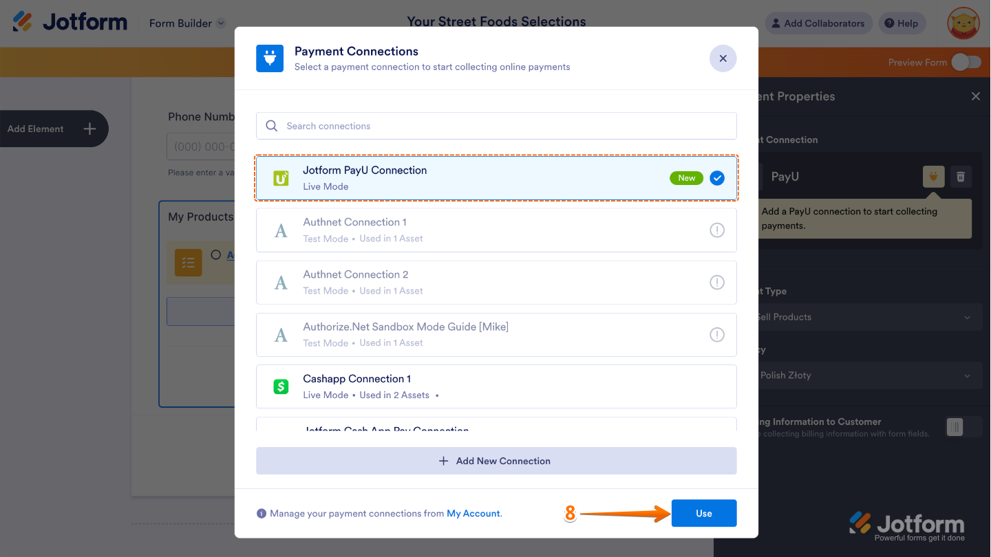 Payment Connections window showing a list of PayU connections with the Use button selected to apply the chosen connection