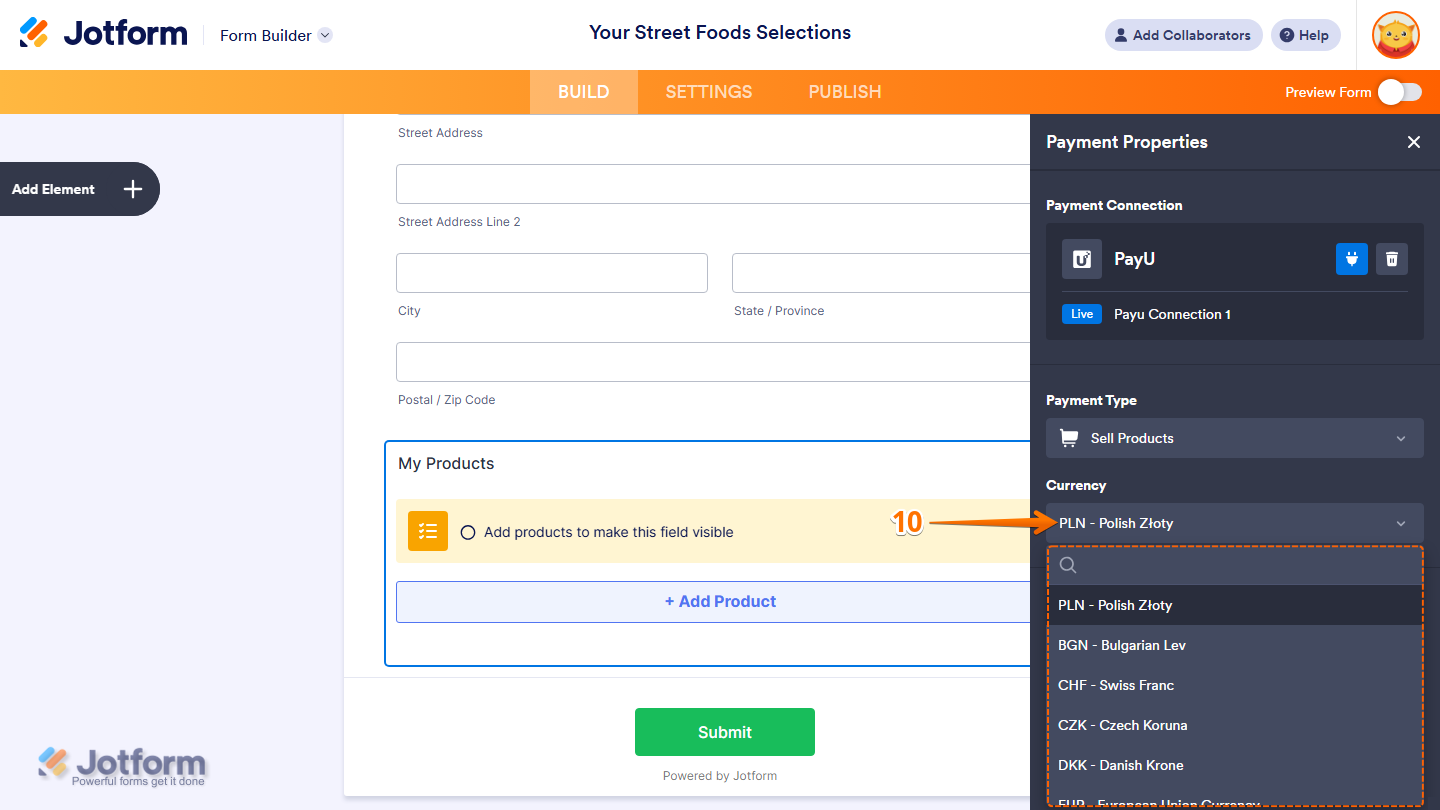 Currency dropdown menu in PayU integration showing supported currency options for processing payments