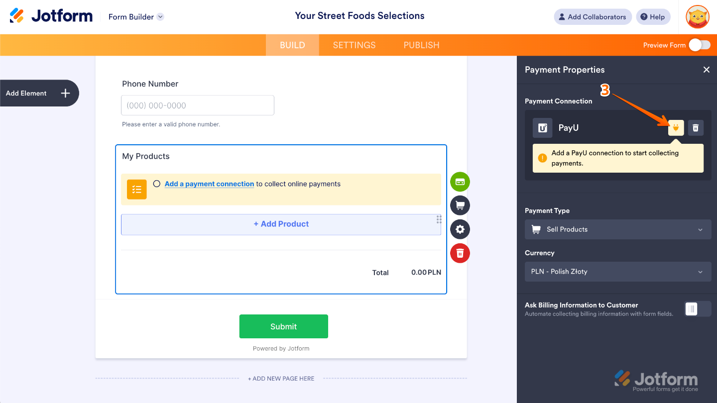 Payment Properties menu highlighting the Plug icon to access PayU integration settings