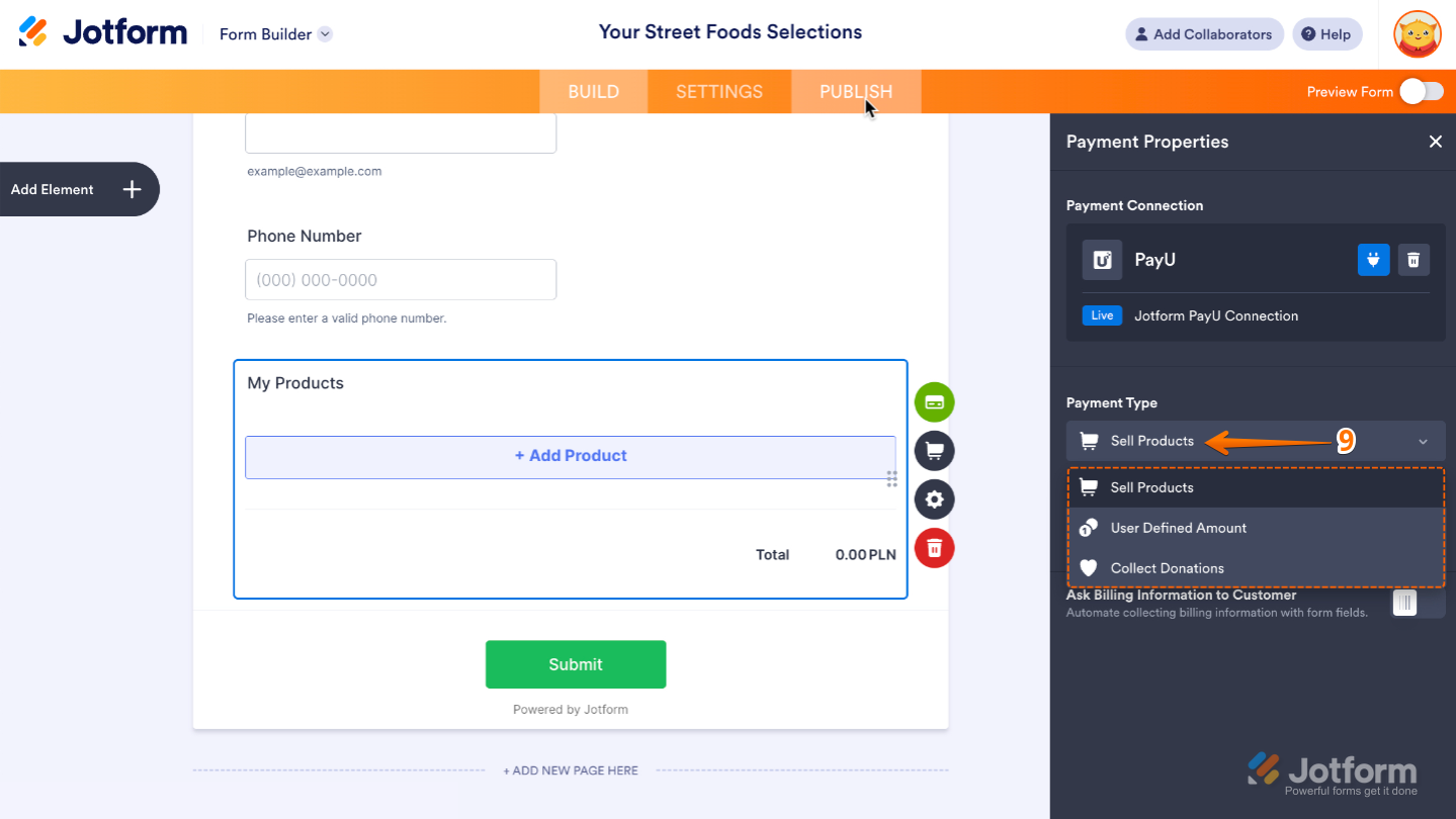 Payment Type dropdown menu in PayU integration with options to sell products, collect donations, or let customers enter a custom amount