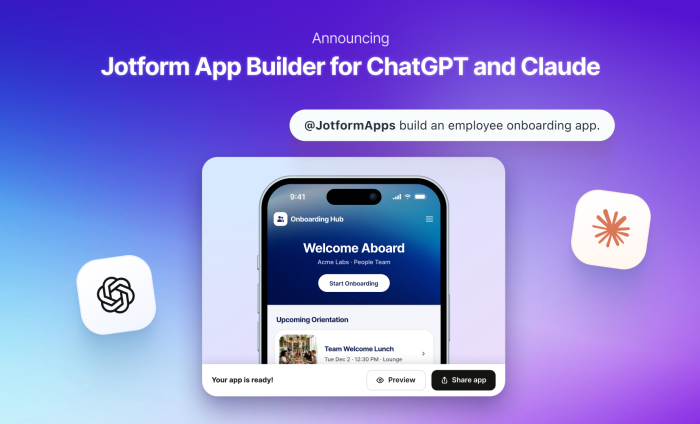 Presentamos Jotform App Builder para ChatGPT y Claude