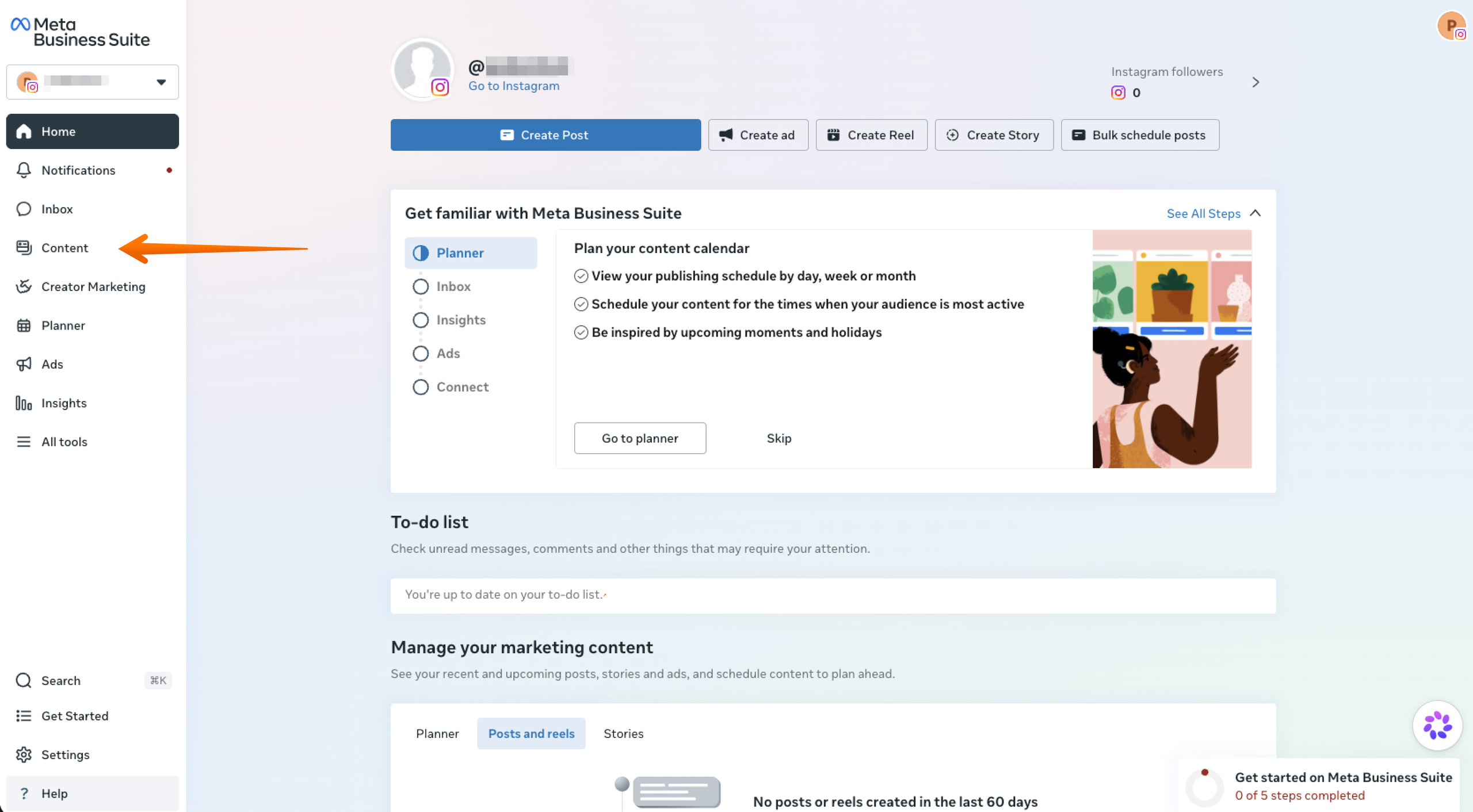 Meta Business Suite Main Menu Content Tab in the left column menu