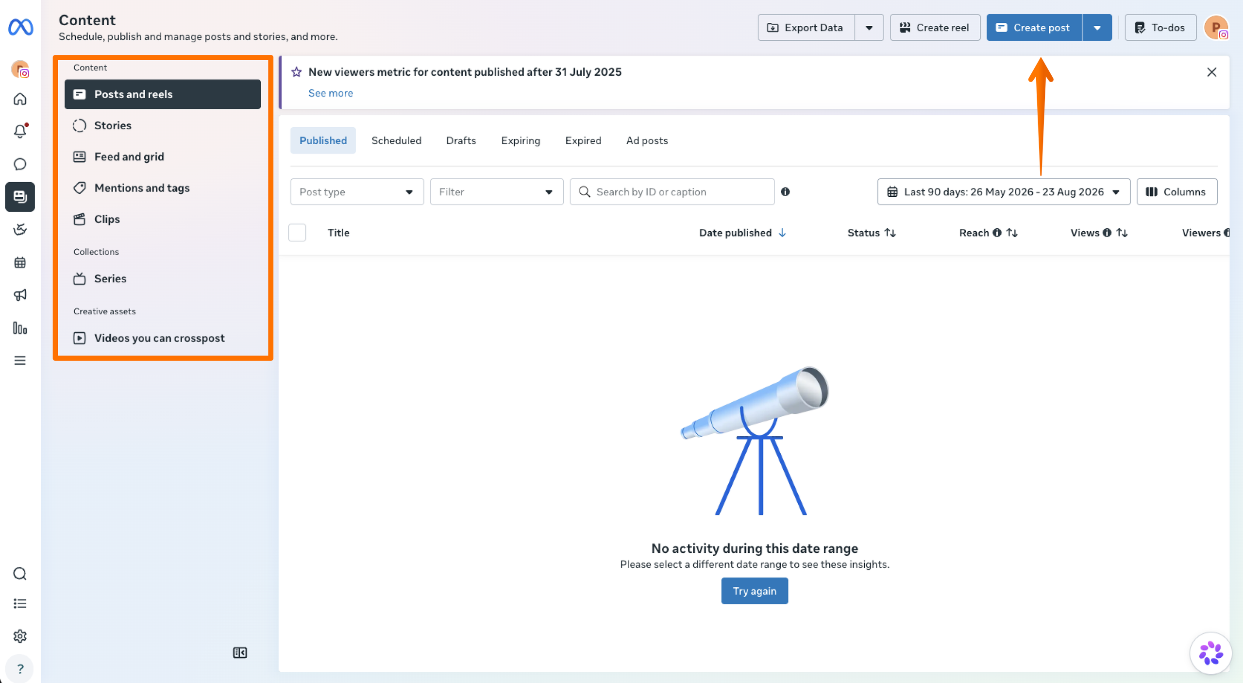 Meta Business Suite Content Menu Content Type and Create post button