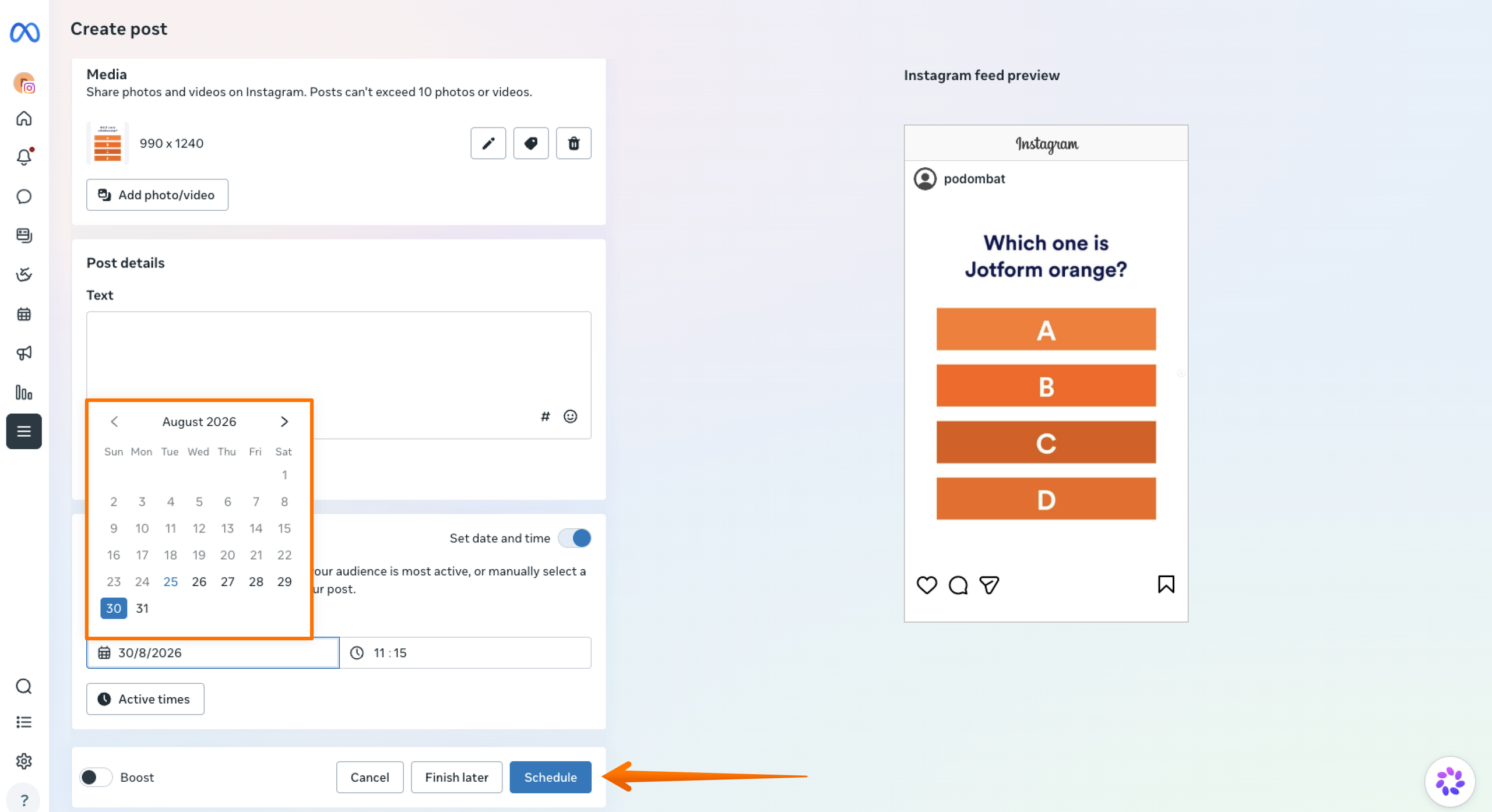 Meta Business Suite Content Menu Create Post Menu Schedule Feature Date and Time Selection and Schedule Button