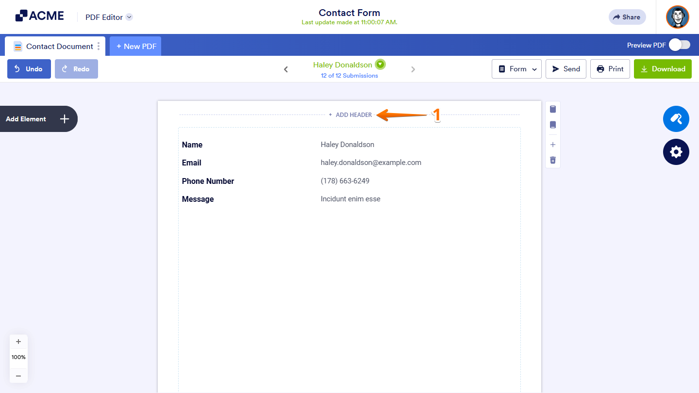 Add Header option at the top of the PDF Editor