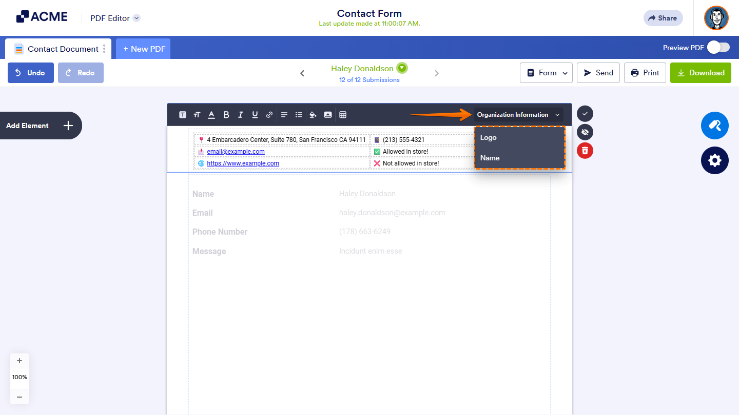Organization Information Dropdown menu in the Header part of the PDF Editor