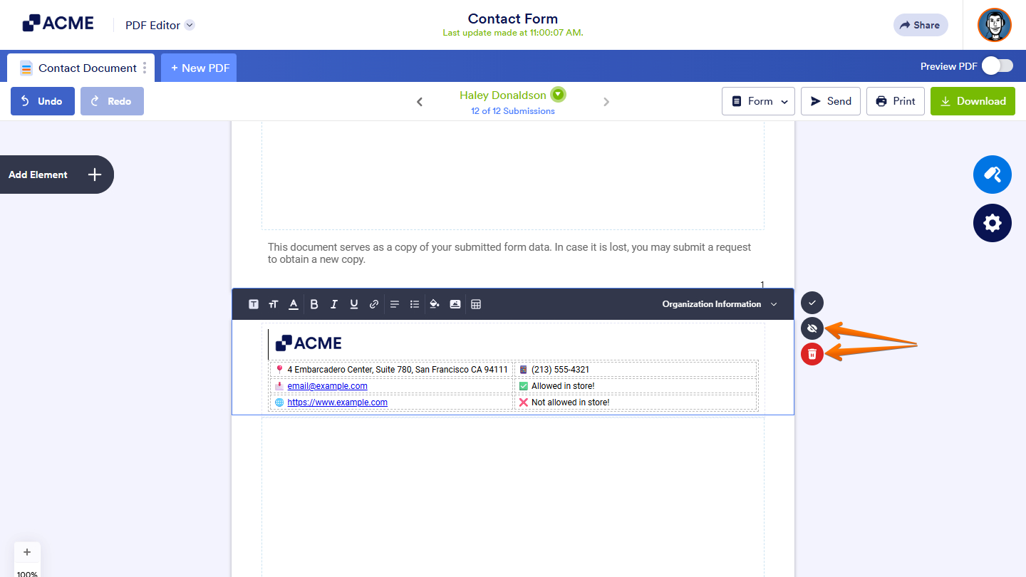 Hide and Delete icons in the PDF Header and Footer of the PDF Editor
