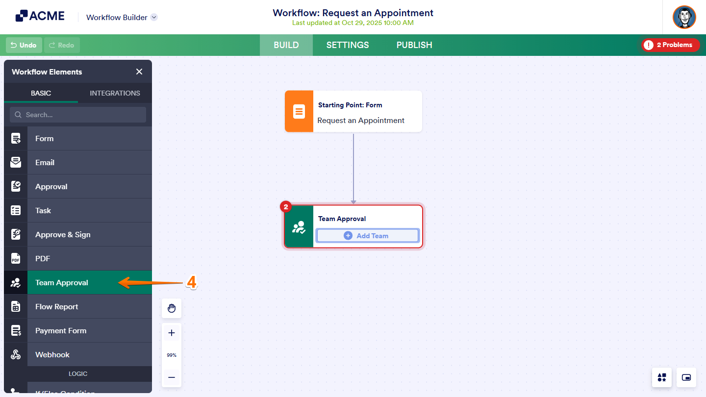 Team Approval element in Workflow Builder