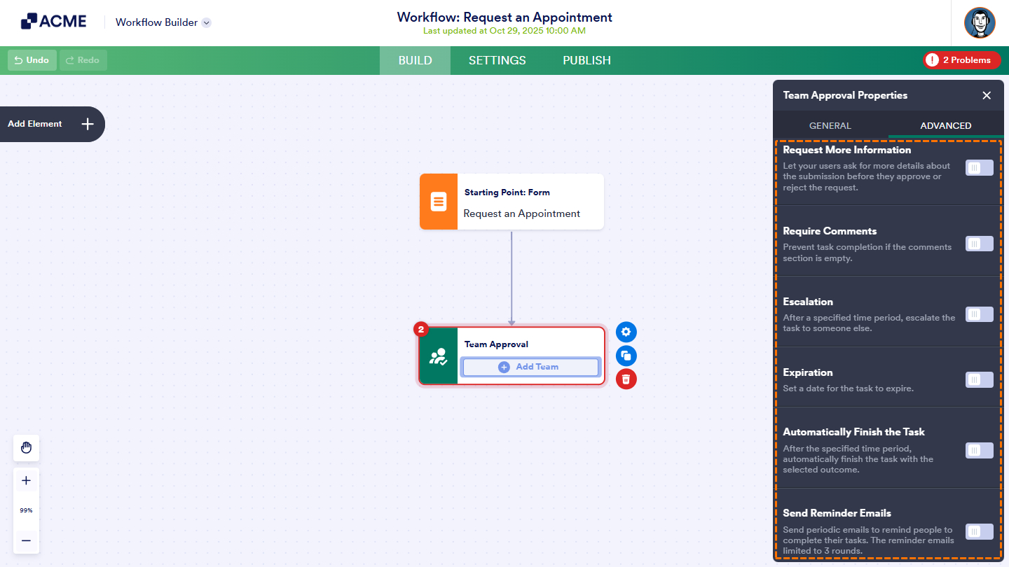Advanced Tab of the Team Approval element