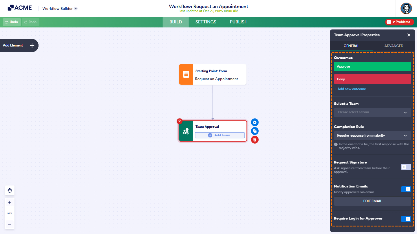 General Tab of the Team Approval element