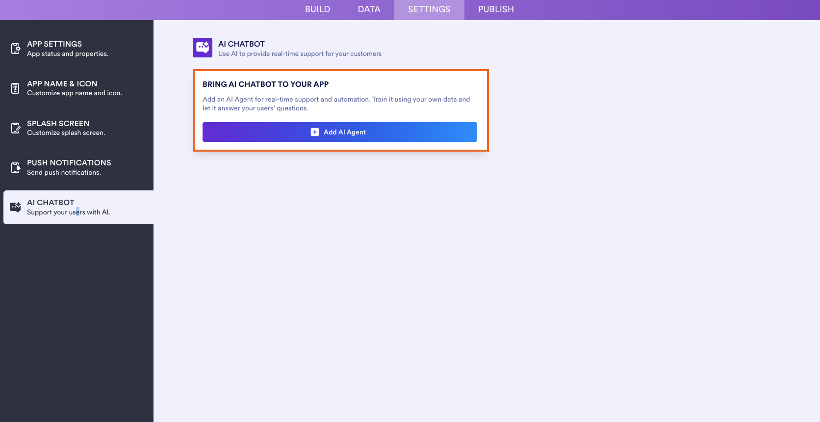 Clicking on the "Bring AI Chatbot to Your App" Option on the AI Chatbot page