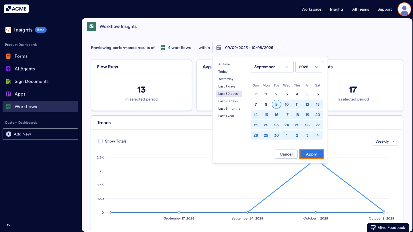 How to Filter and View Workflow Metrics in a Specific Date Range in Insights? Image-5