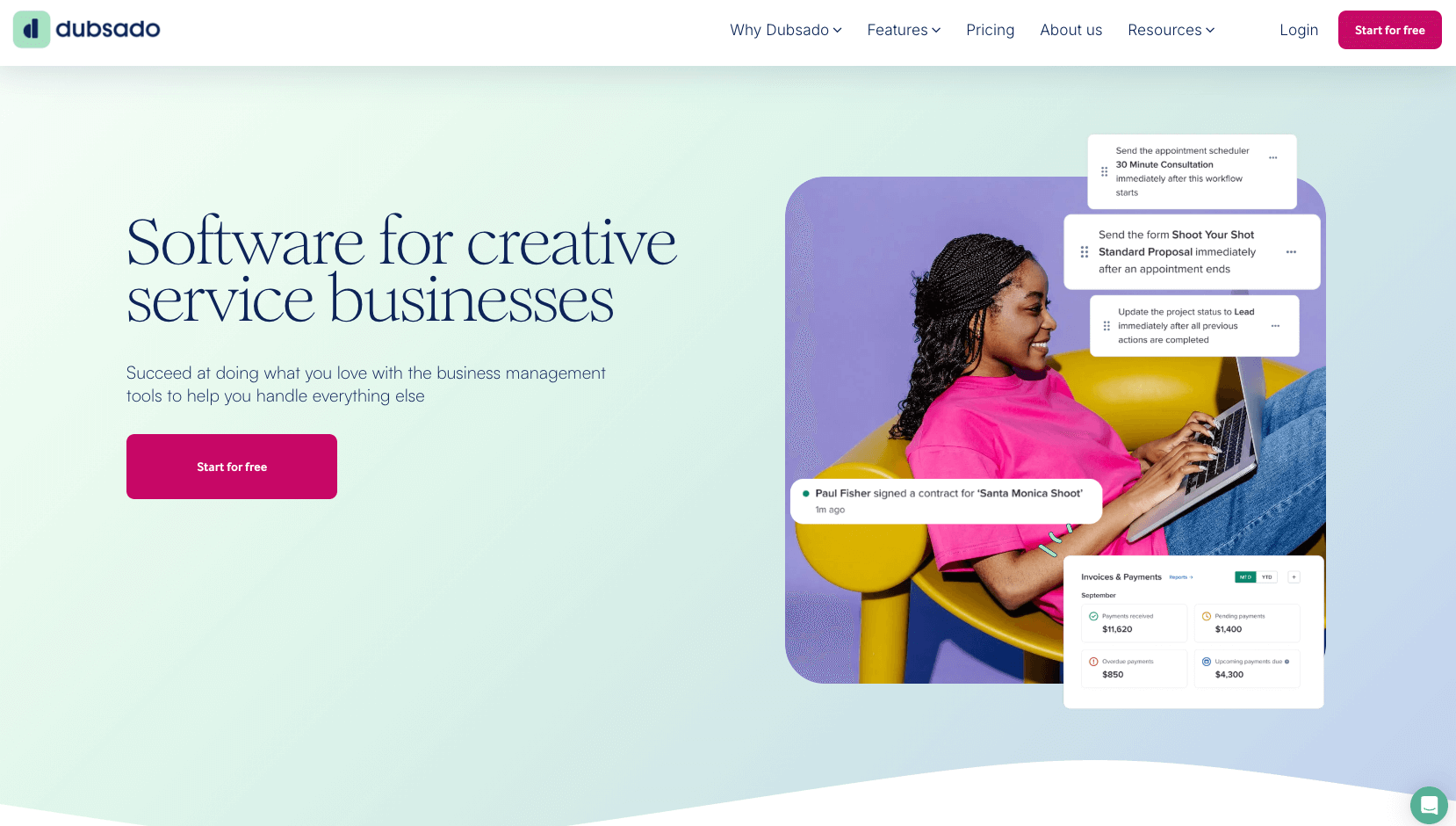 screenshot of dubsado website homepage with the words software for creative service businesses