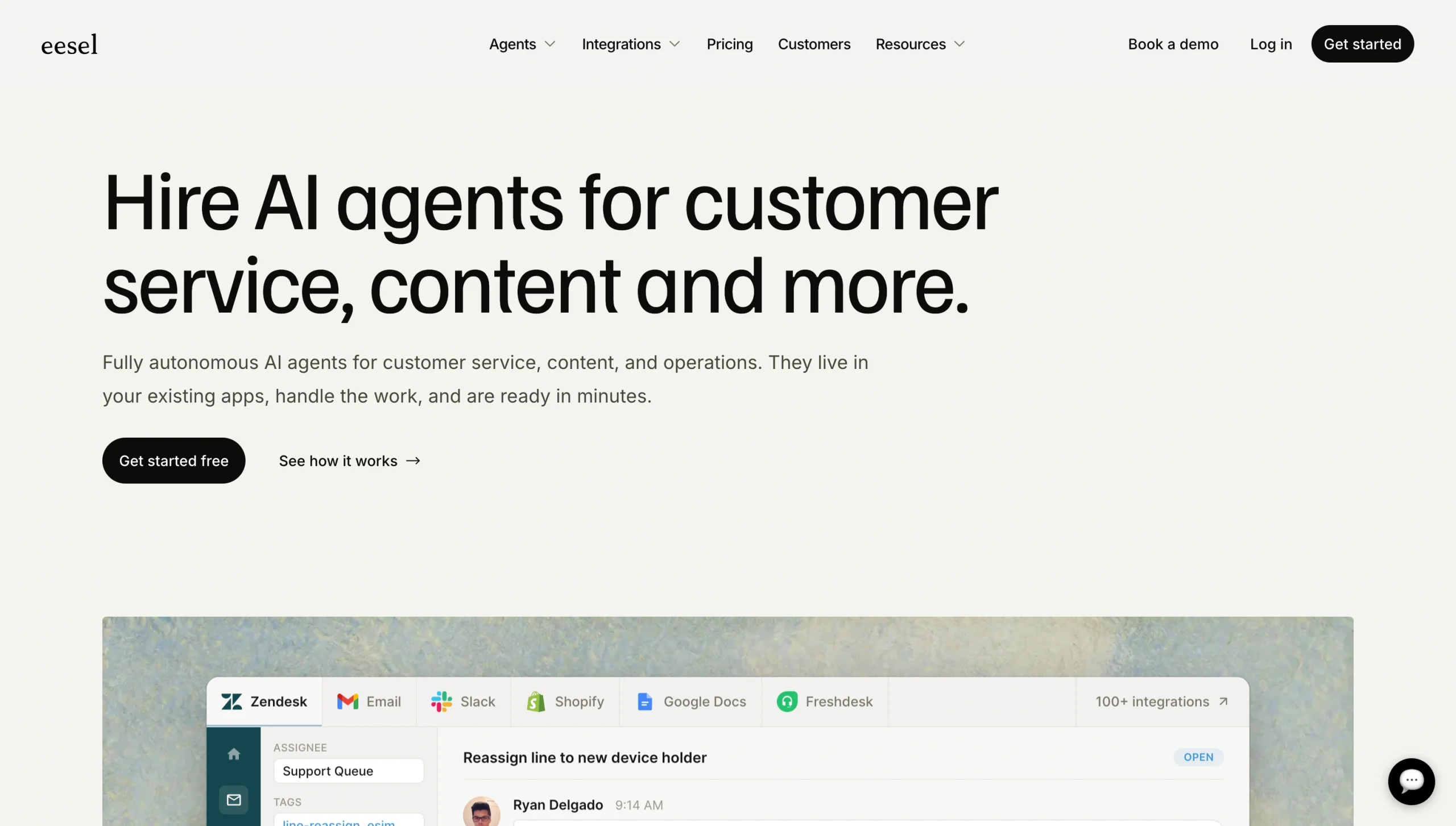 Screenshot of the eesel AI landing page, showing a headline "Hire AI agents for customer service, content and more