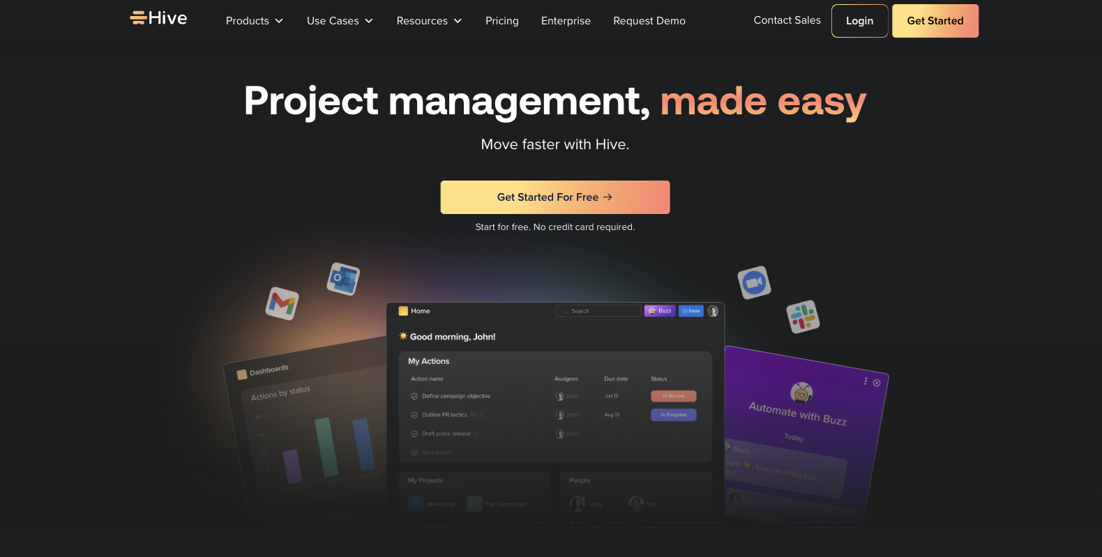 screenshot of Hive website homepage with the words project management made easy
