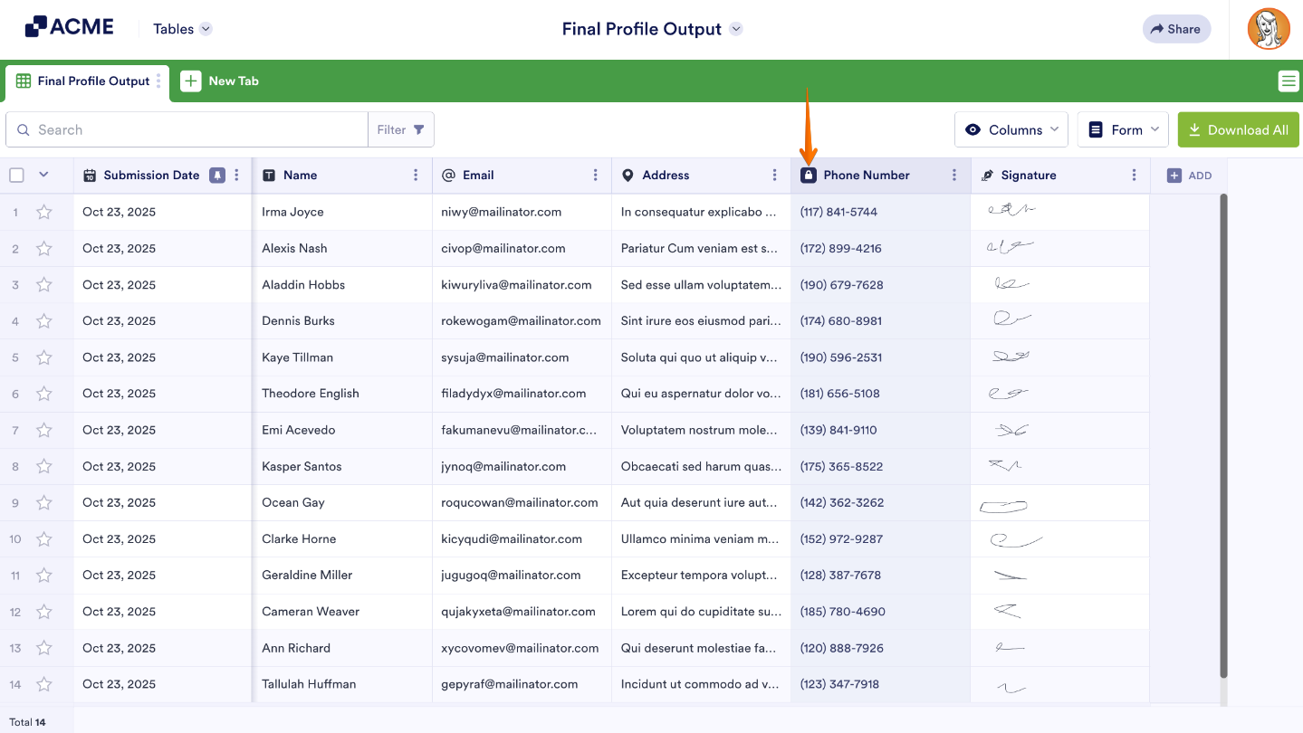 Form Tables column with a visible lock icon in the header, showing that data is locked but can be unlocked anytime from the menu