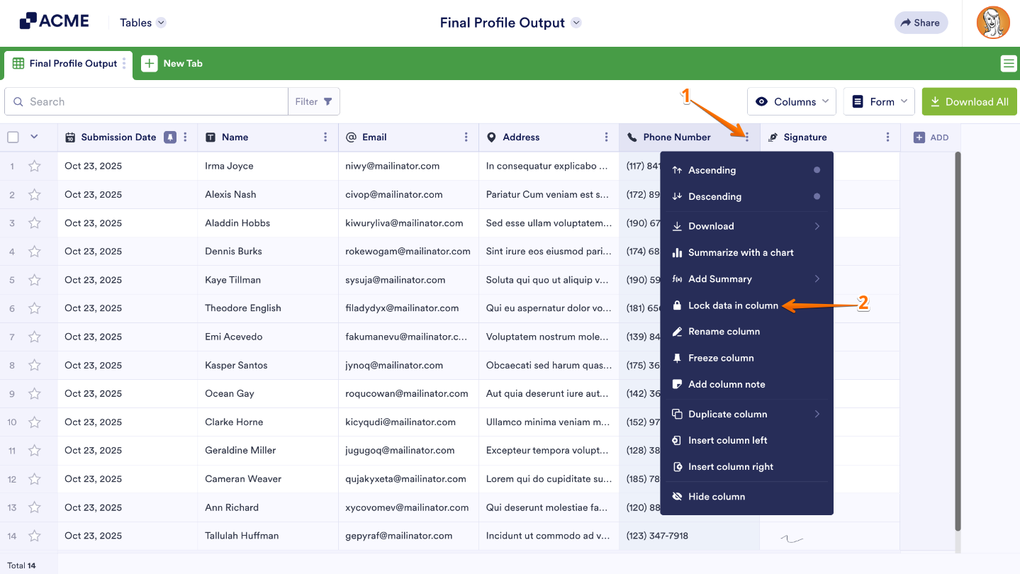 Locking a column in Form Tables by clicking the three dots icon and selecting Lock Data in Column from the menu