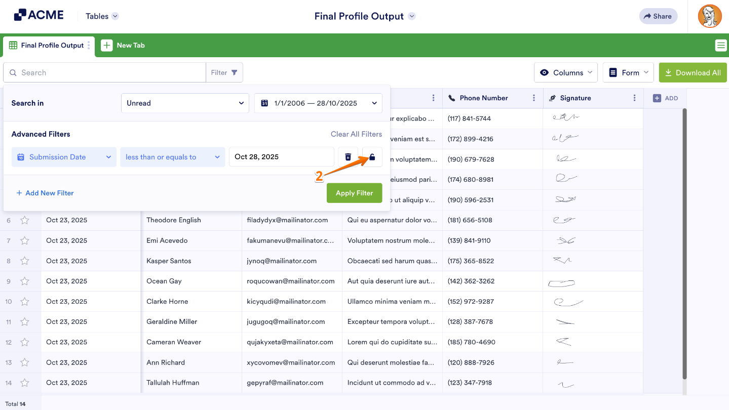 Filter box open in Form Tables with the Lock icon highlighted to secure a saved filter