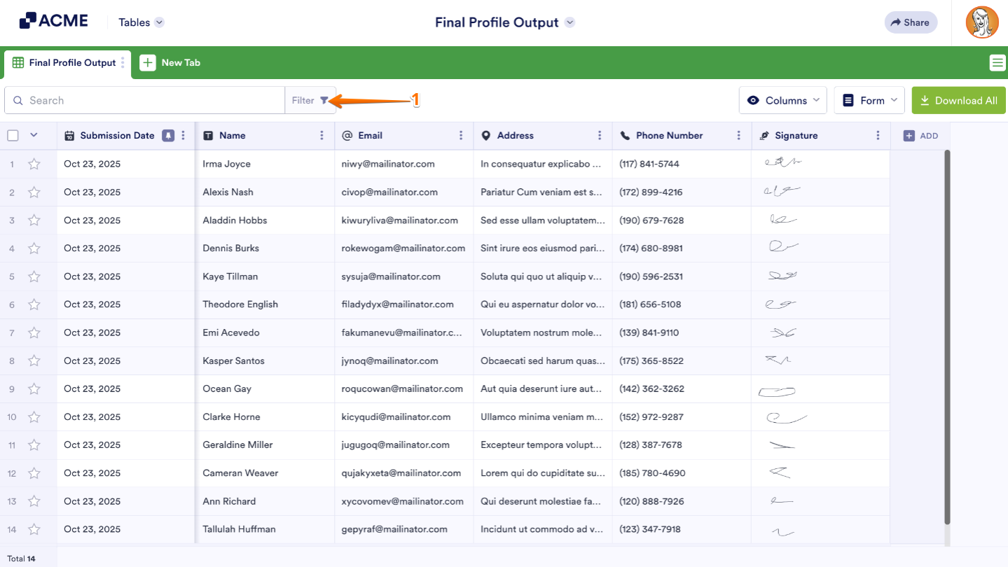 Clicking the Filter button at the top-left corner in form Tables to start filtering submissions