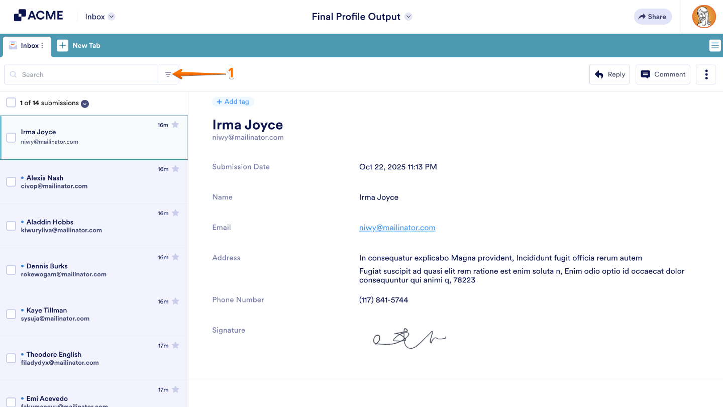 Clicking the Filter icon at the top of Form Inbox to refine visible form submissions