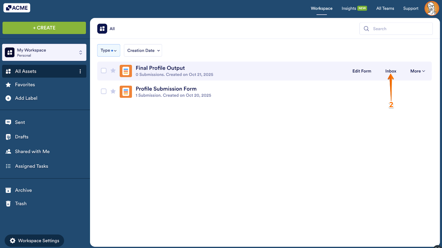 Hovering over a form in Workspace and clicking on Inbox to view its submissions, using the Final Profile Output form as an example