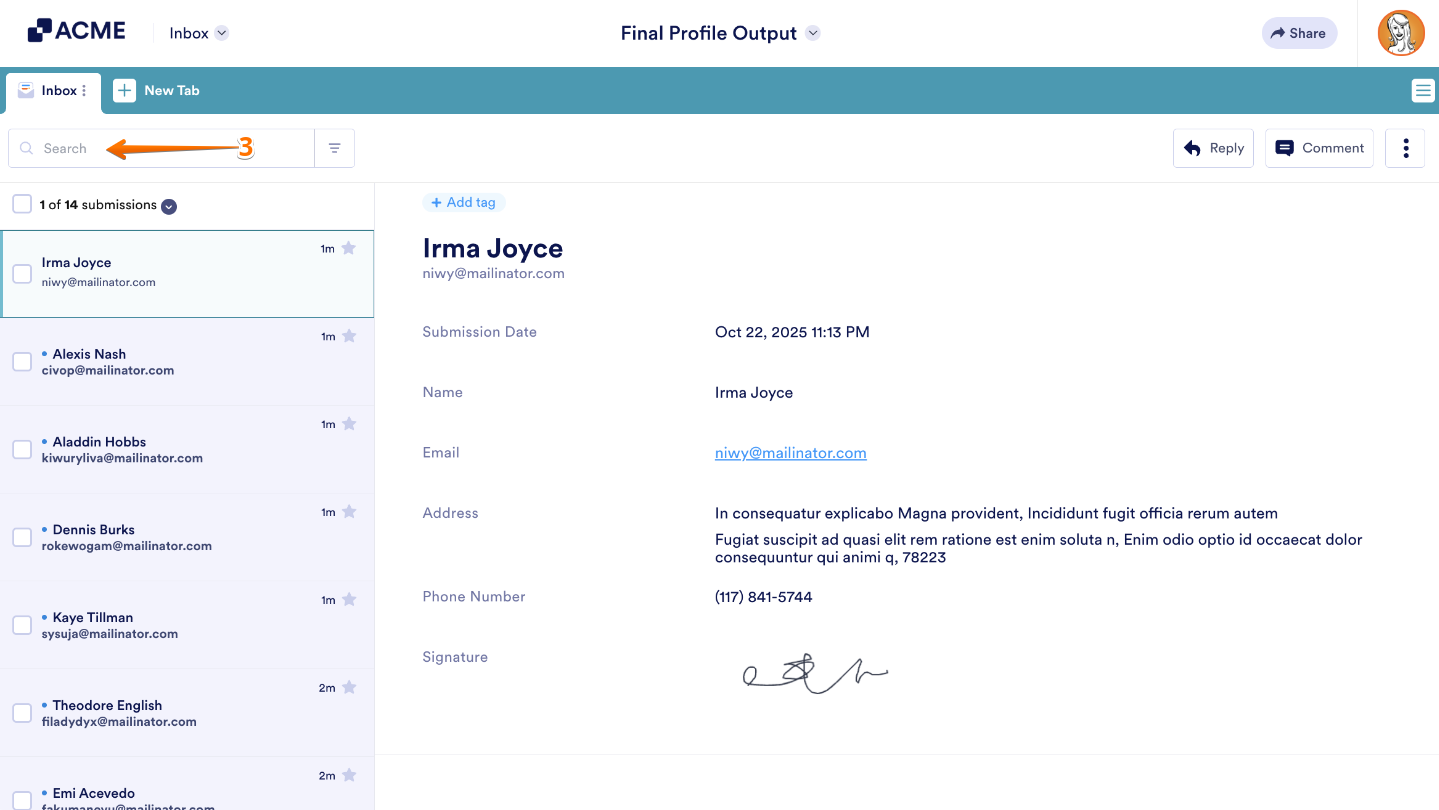 Using the Search bar at the top of Form Inbox to find specific form submissions by keyword
