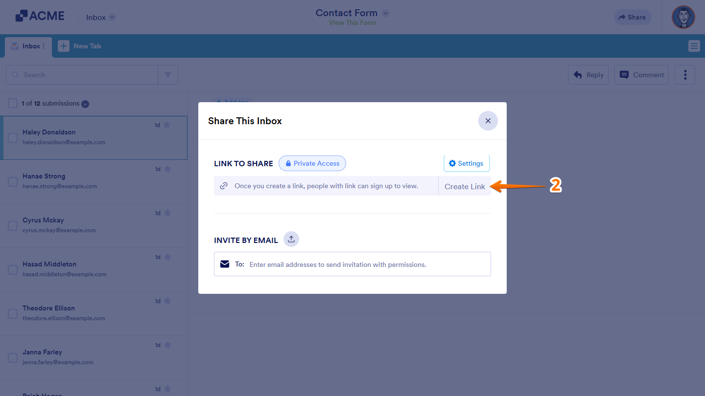 Create Link in Share This Box window of Inbox