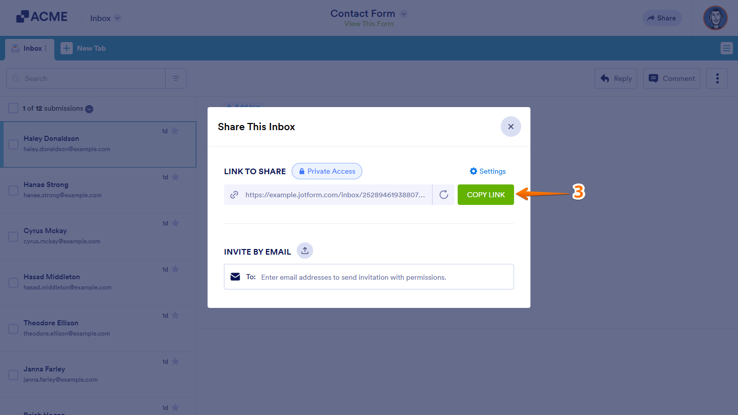 Copy Link button in the Share This Inbox window of the Inbox page