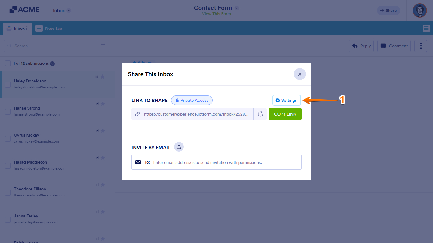 Settings link in the Share This Box window of Inbox