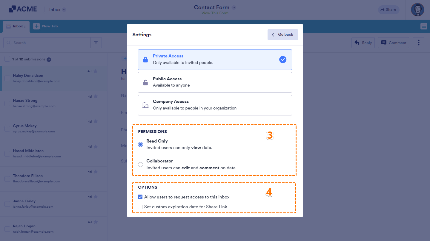 Permissions and Options sections in the Settings window of Inbox