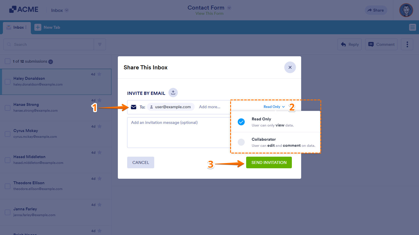 Invite By Email window with the Email Address box, Permission dropdown, and Send Invitation button
