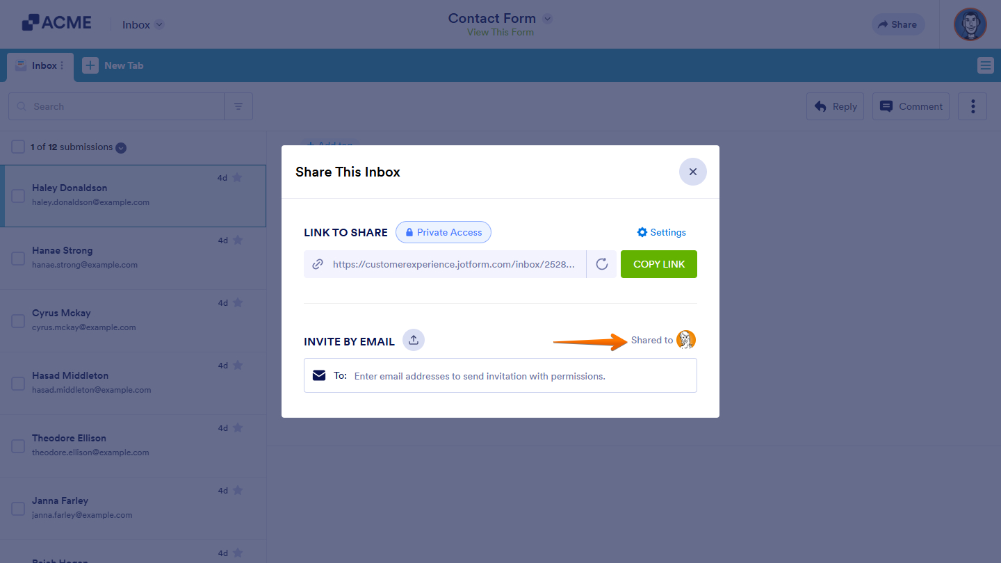 Shared To section under the Invite By Email