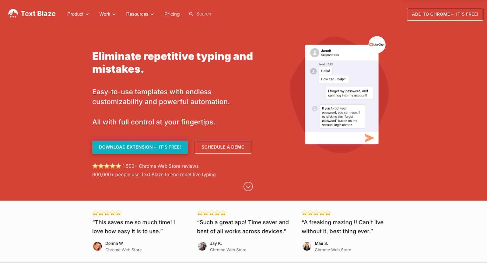 screenshot of Text Blaze website homepage with the words eliminate repetitive typing and mistakes