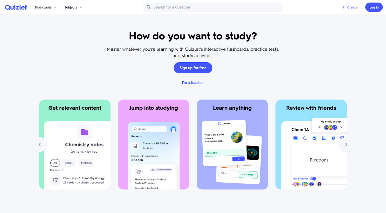 screenshot of quizlet website homepage with the words how do you want to study