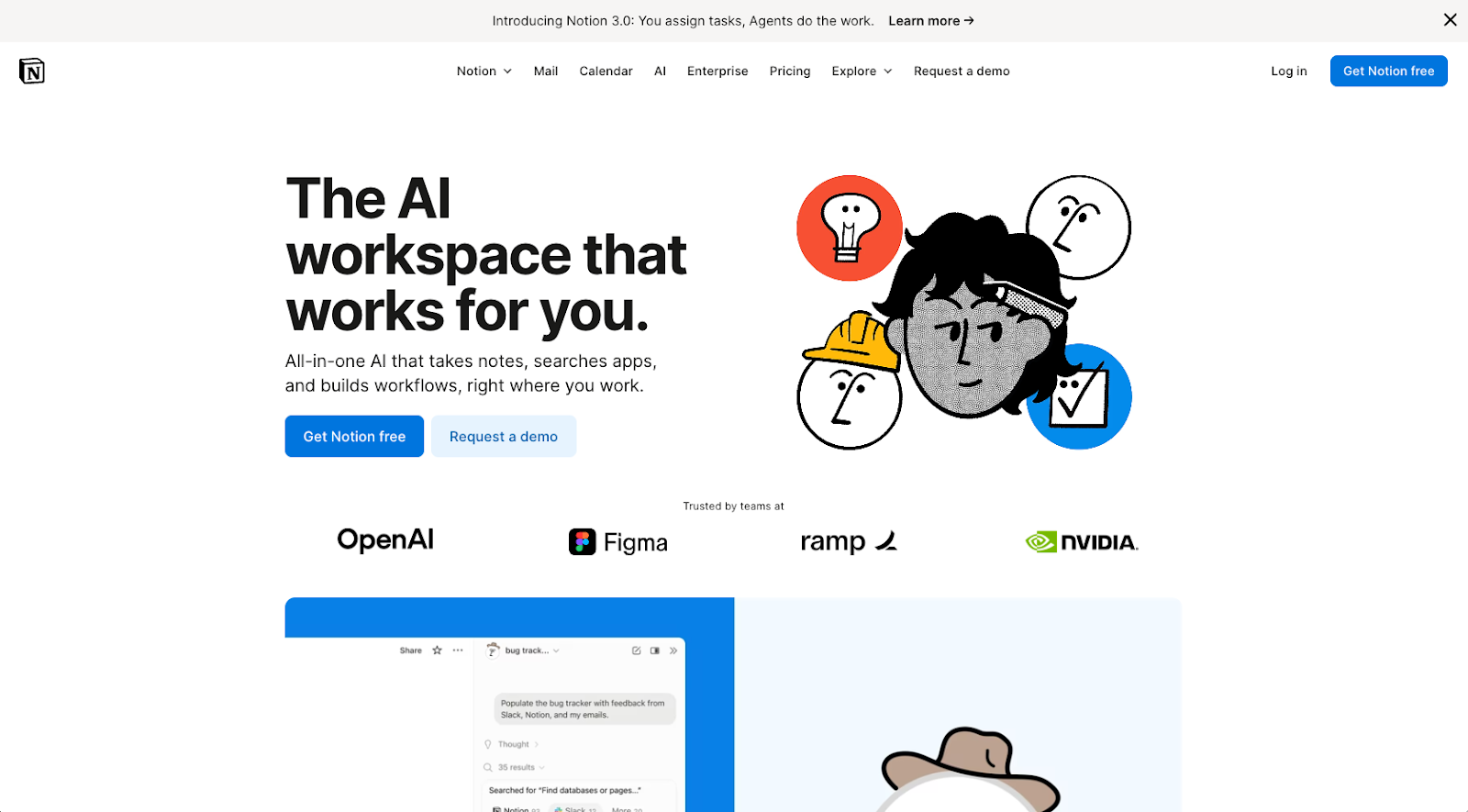 screenshot of Notion AI website homepage with the words the AI workspace that works for you