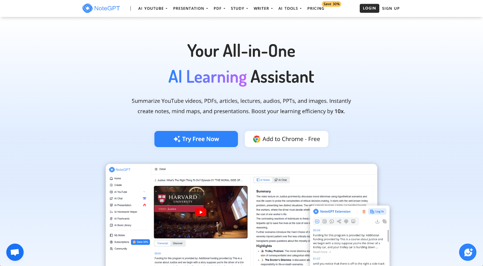 screenshot of NoteGPT website homepage with the following words your all in one AI learning assistant