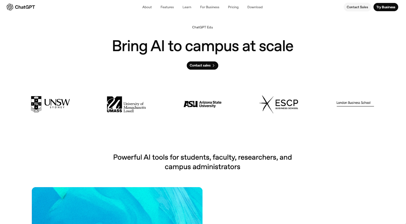 chatgpt website homepage screenshot before log in with the words bring AI to campus at scale