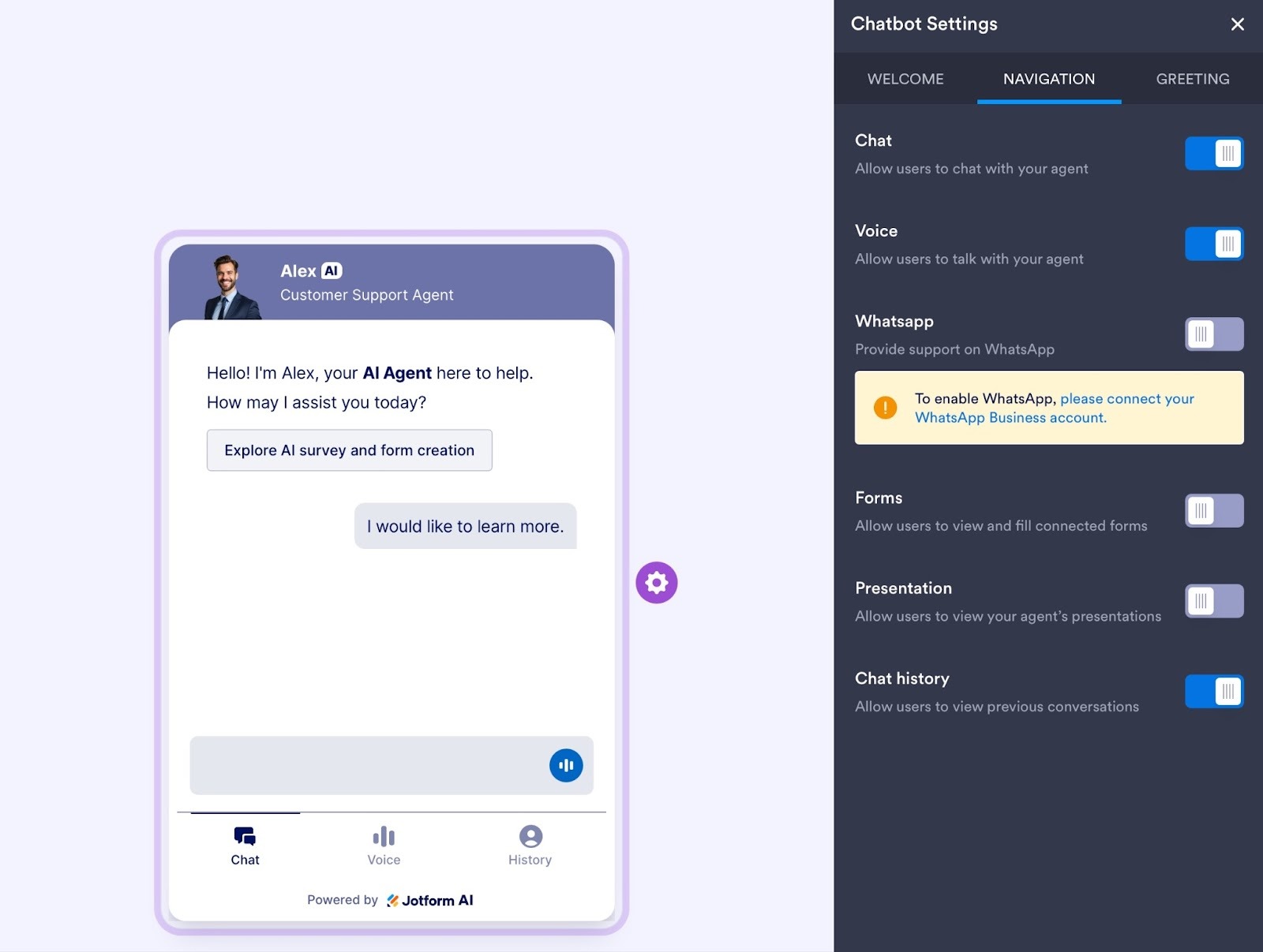Viewing the navigation options of an AI Chatbot, Customer Support Agent