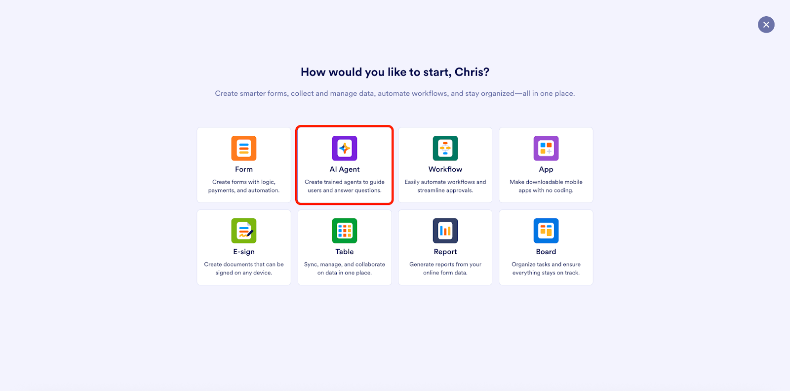 Selecting the AI Agent option on Jotform Workspace page