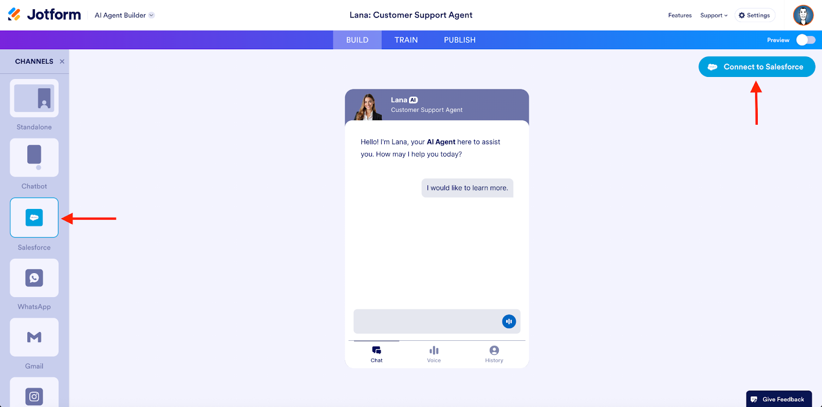 Clicking on the Salesforce option on the AI Agent Builder
