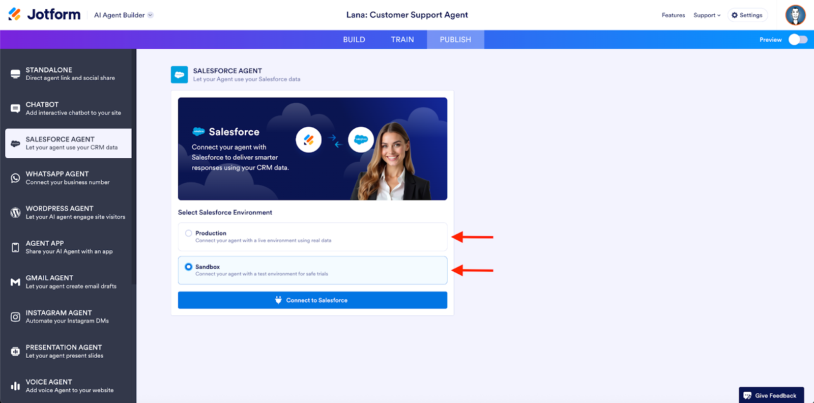 Viewing the Production and Sandbox options on the Salesforce Agent page