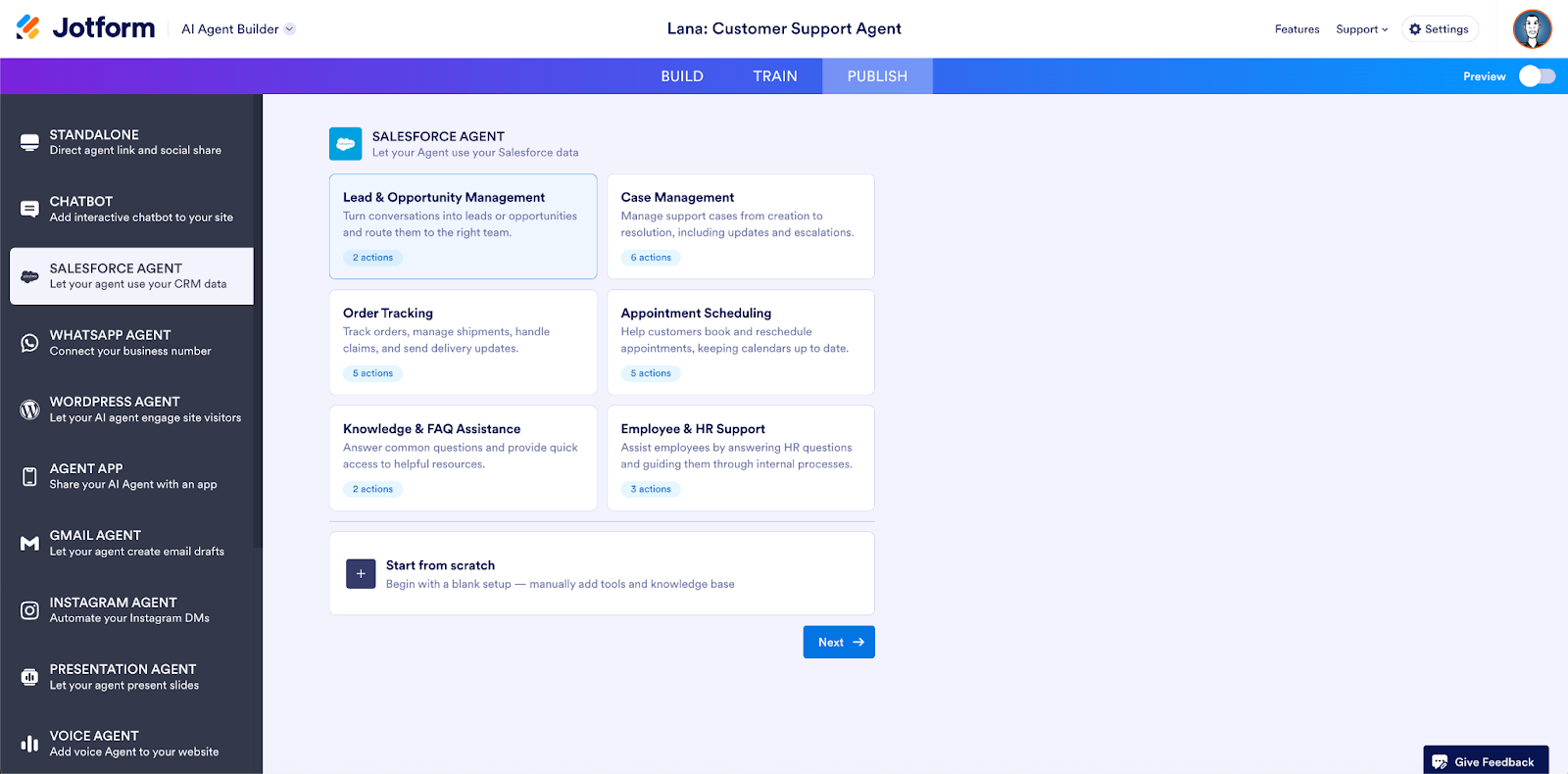 Viewing the different use case options for agent on the Salesforce Agent page